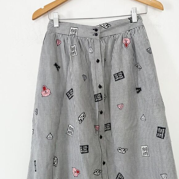 Zara Basics Twee Black White Pinstripe Quirky Pattern Buttons Full Skirt - Picture 14 of 16